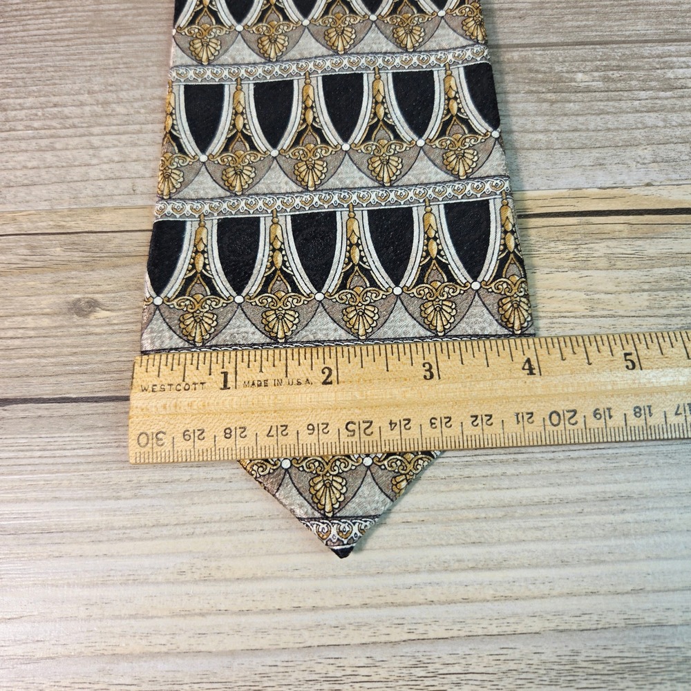 Pierre Cardin Silk Tie Mens Black Gold Silver Geometric Baroque Ornate Formal - Picture 6 of 6